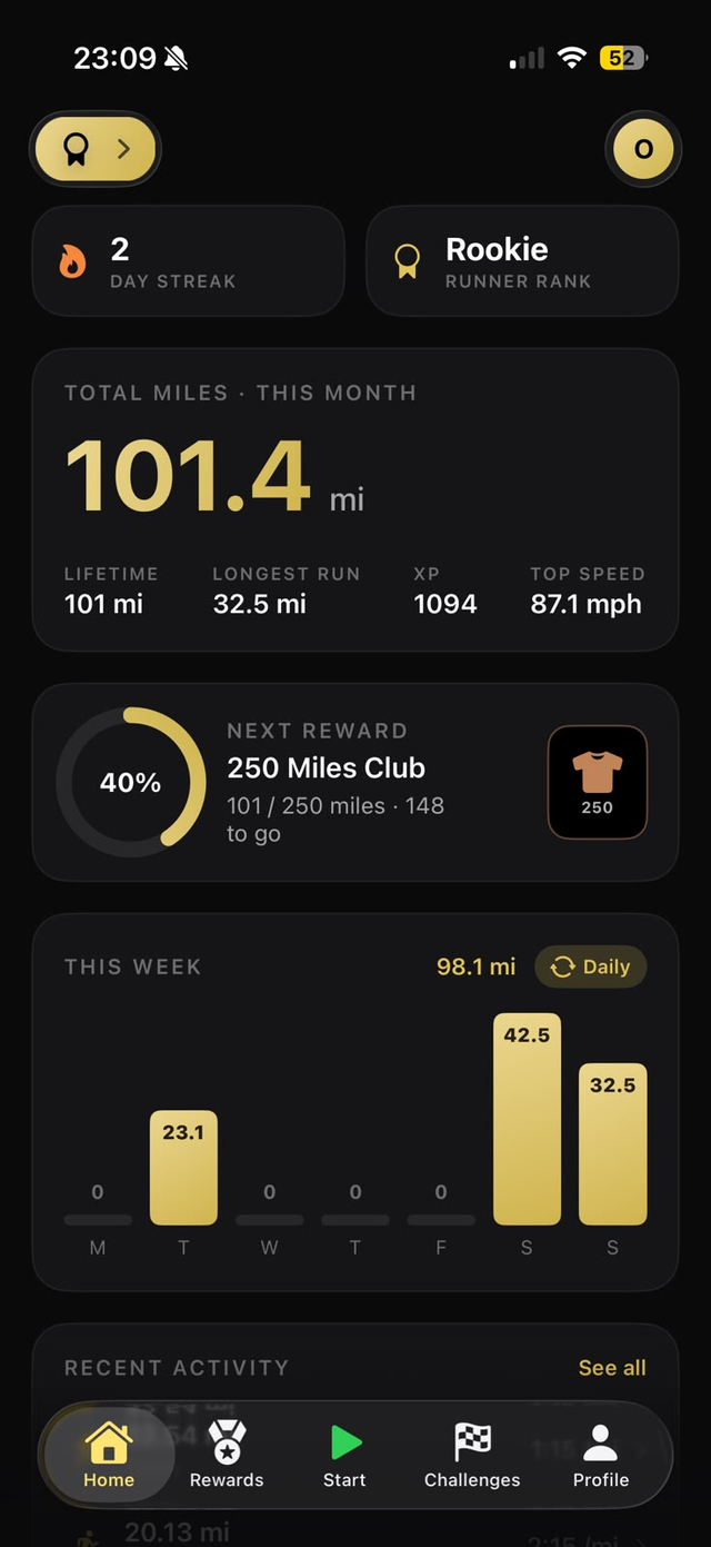 Kaevor home dashboard — total miles, rank and streak