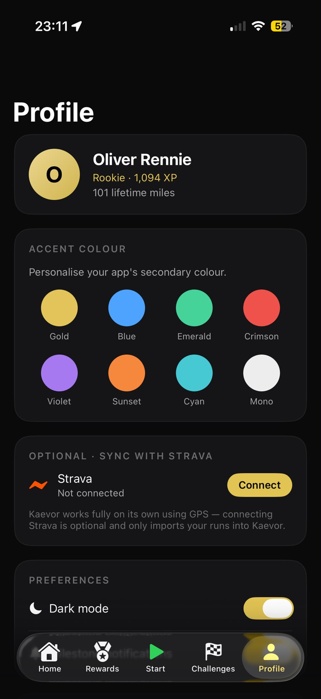 Kaevor profile with accent colours and Strava sync