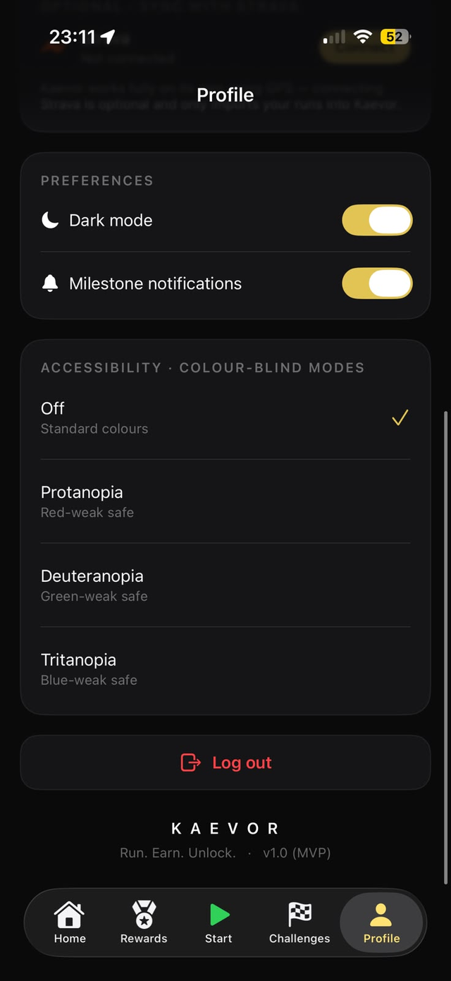 Kaevor profile preferences and accessibility modes
