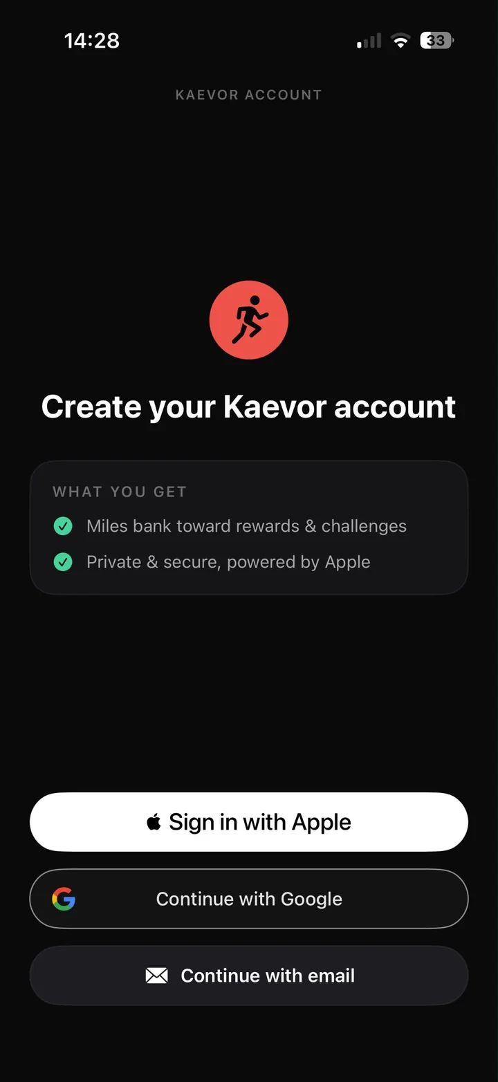 Create your Kaevor account with Apple, Google or email