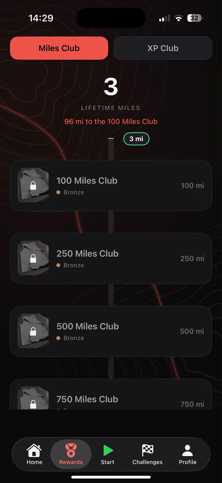 Miles Club screen showing lifetime miles and locked 100, 250, 500 and 750 Miles Club vests