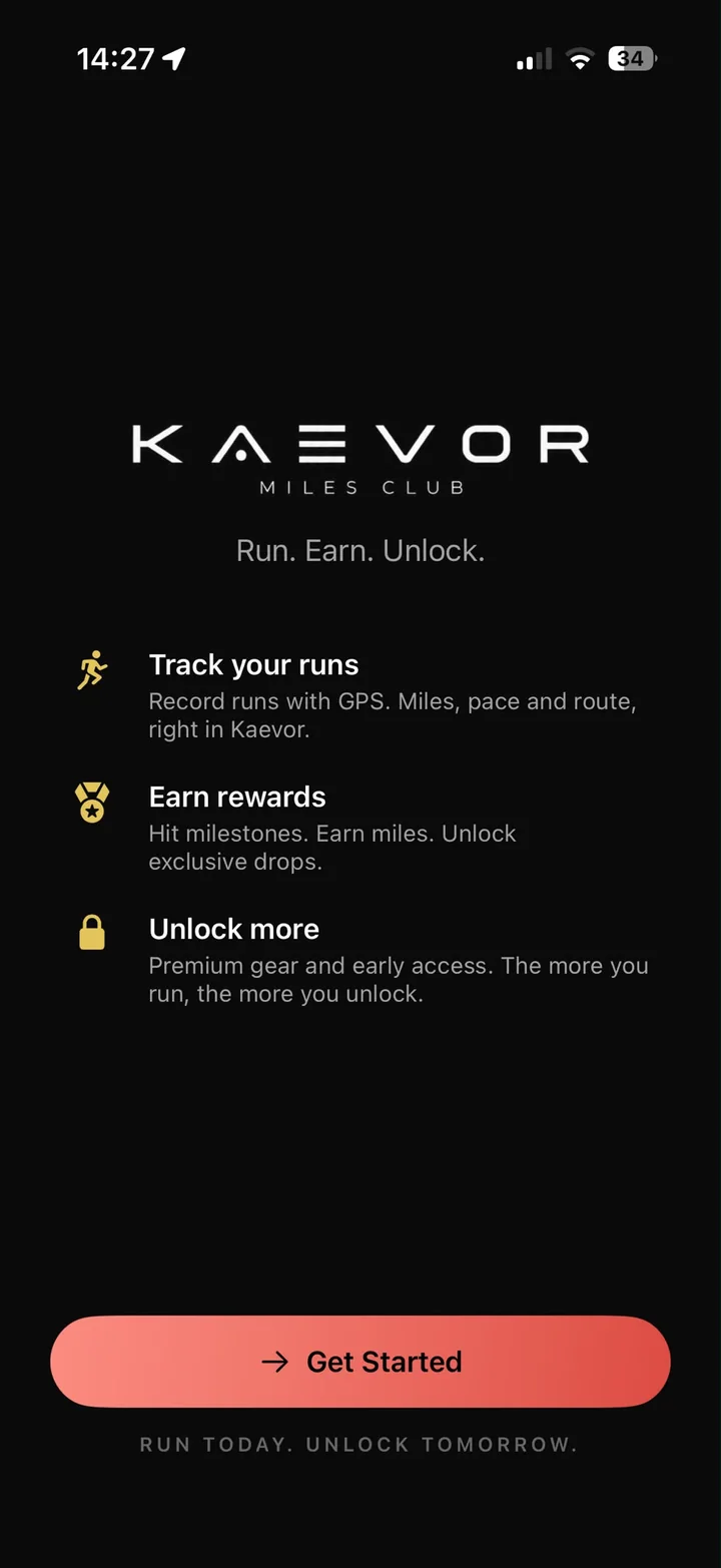Kaevor welcome screen: Run. Earn. Unlock.