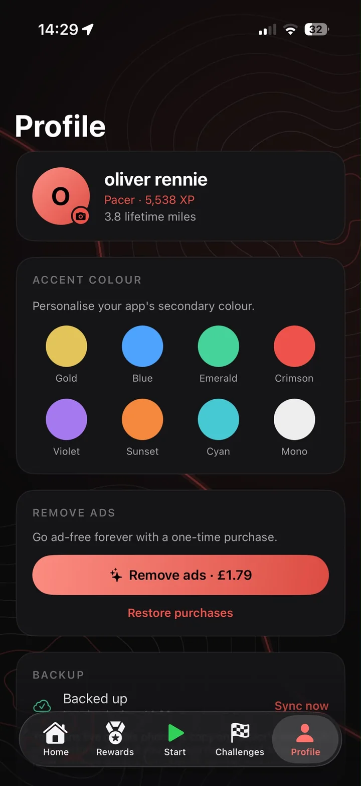 Profile screen with eight accent colours and backup status