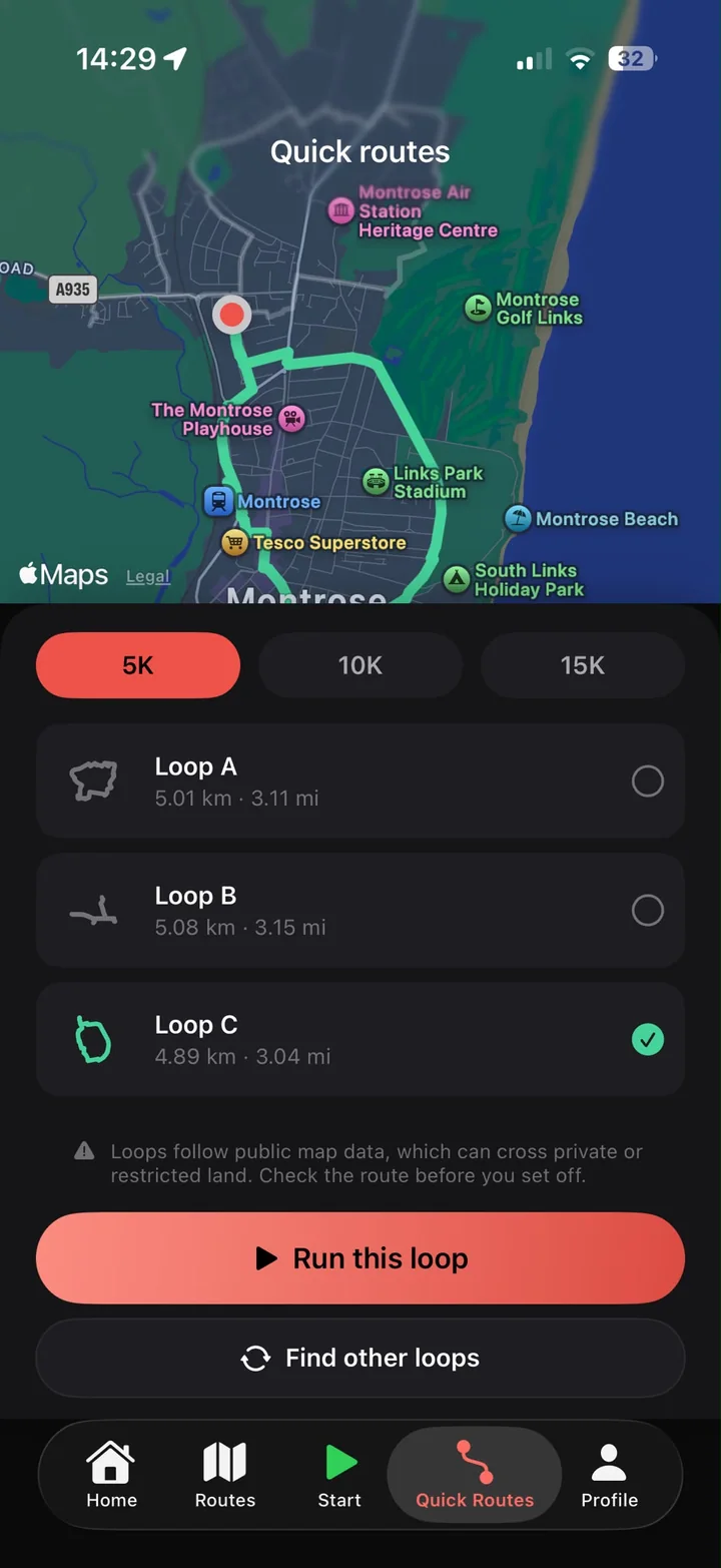 Quick Routes screen showing suggested 5K loops on a map