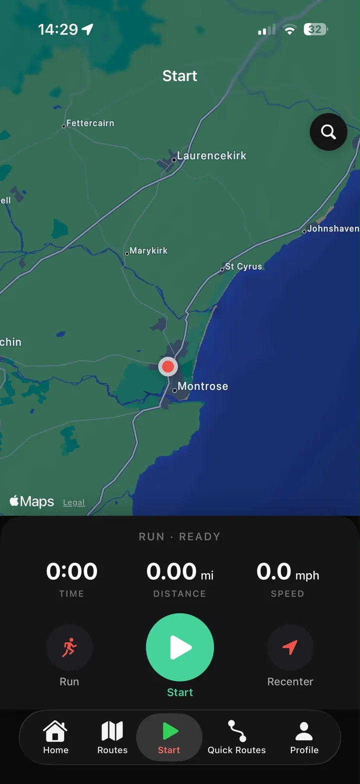 Kaevor start screen with a map and time, distance and speed readouts